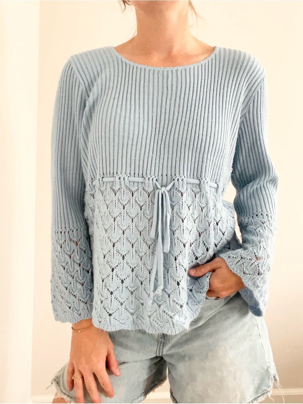 Vintage Light Blue Knit Lace-Detail Pullover Sweater